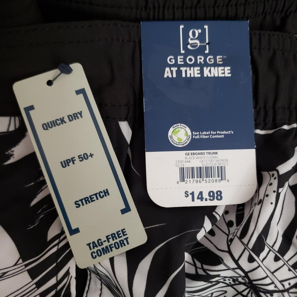 George Mens E-Board Swim Trunks with UPF 50+ Blk/White Leaves Size 3XL (48-50) - Picture 6 of 7